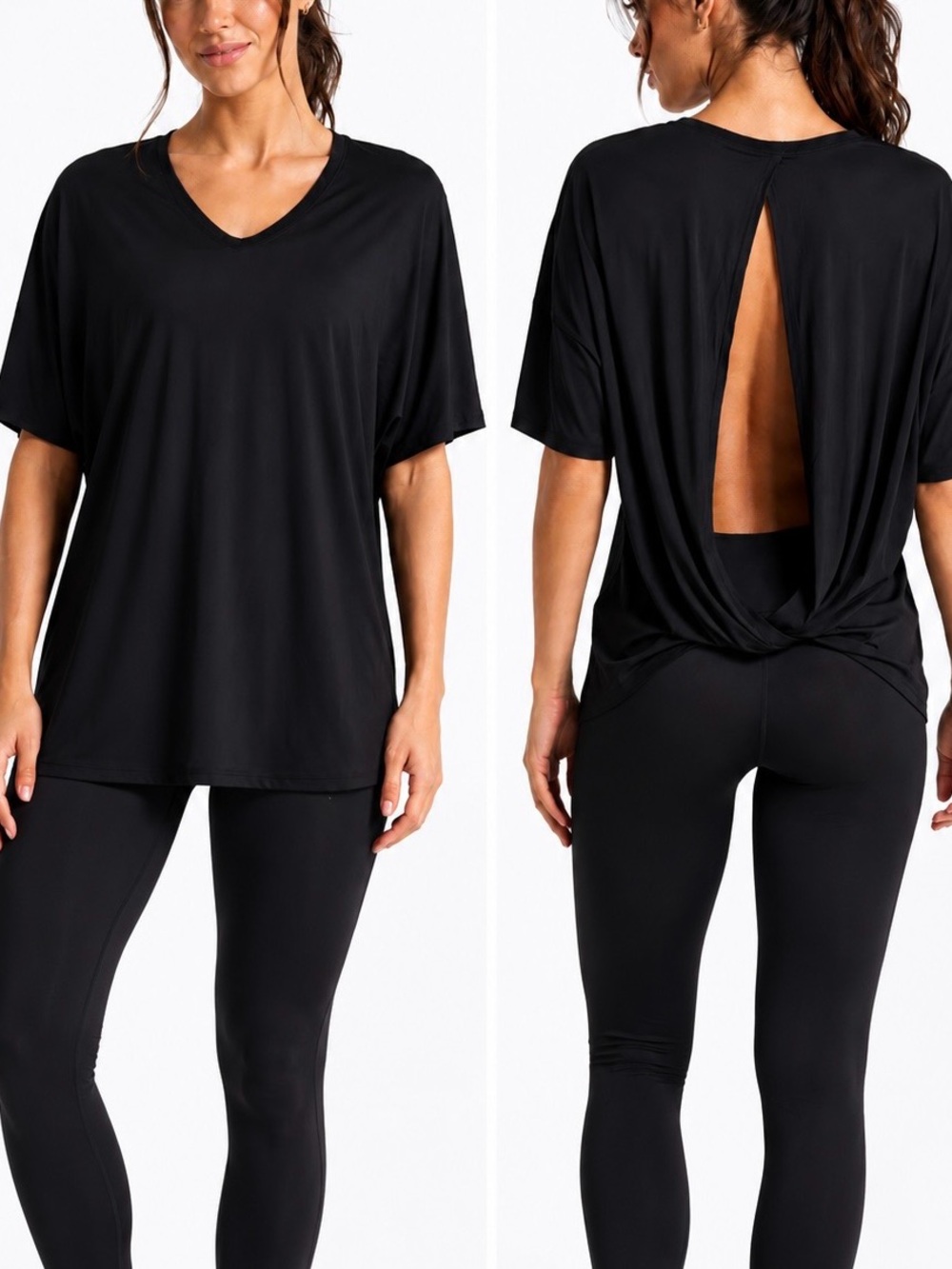 LULULEMON Black Short Sleeve V-Neck Open Back Tee Draped Twisted Top